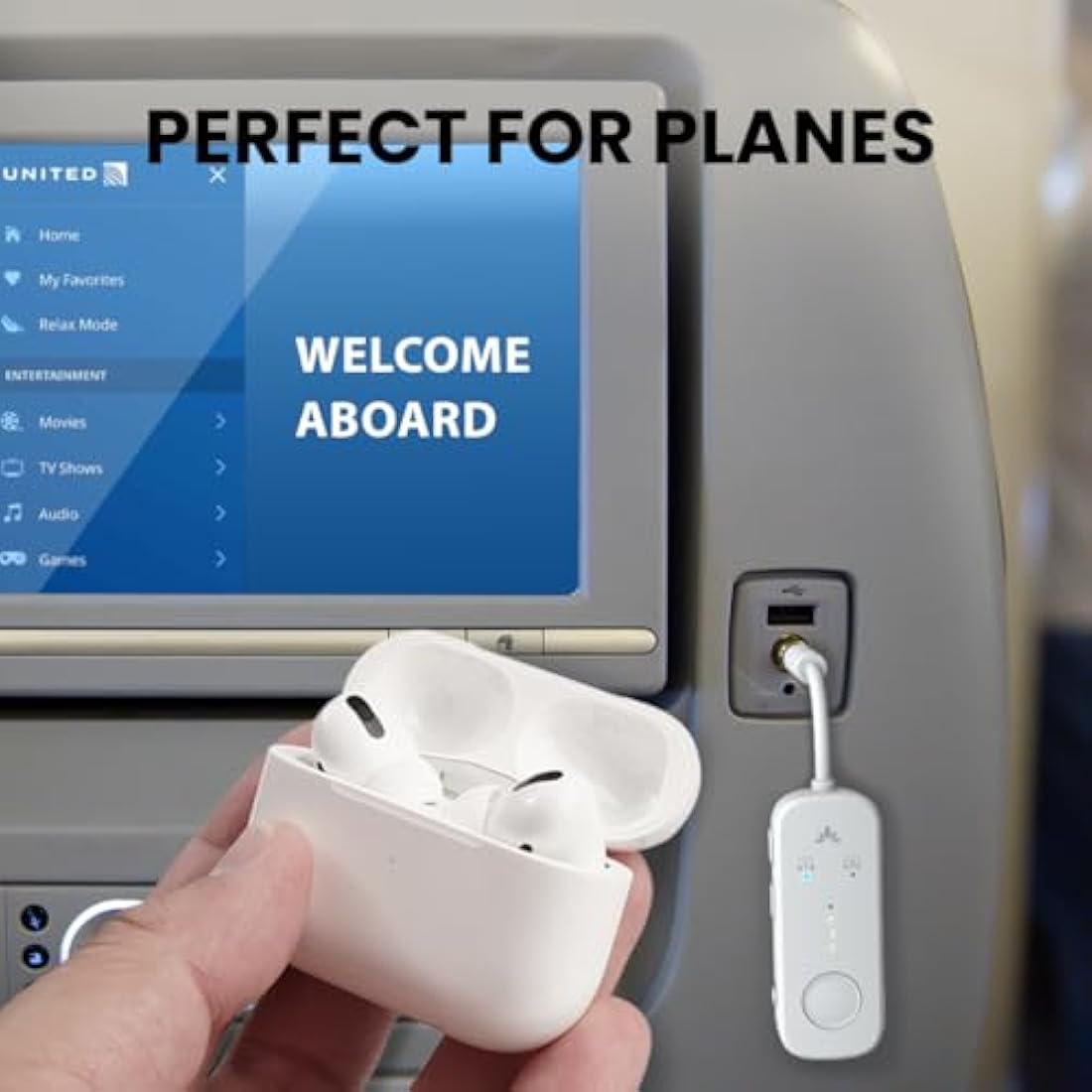 Avantree Relay - Airplane Bluetooth 5.3 Adapter with Qualcomm aptX Adaptive, Supports 2 AirPods or Headphones, 20H Playtime, 3.5mm AUX Jack Wireless Audio Transmitter for Planes, Airline, Travel