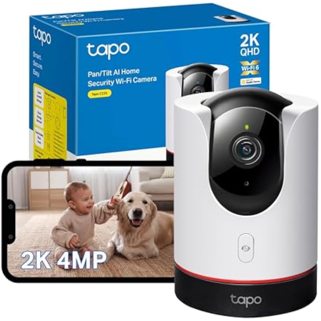Tapo C225 2K 4MP QHD Indoor Camera, Pan/Tilt Security Camera, HDR Live View, 360°Panoramic View, CCTV Camera No Monthly Fee, AI Detection, Two-way Audio, Night Vision, Works with Alexa & Google