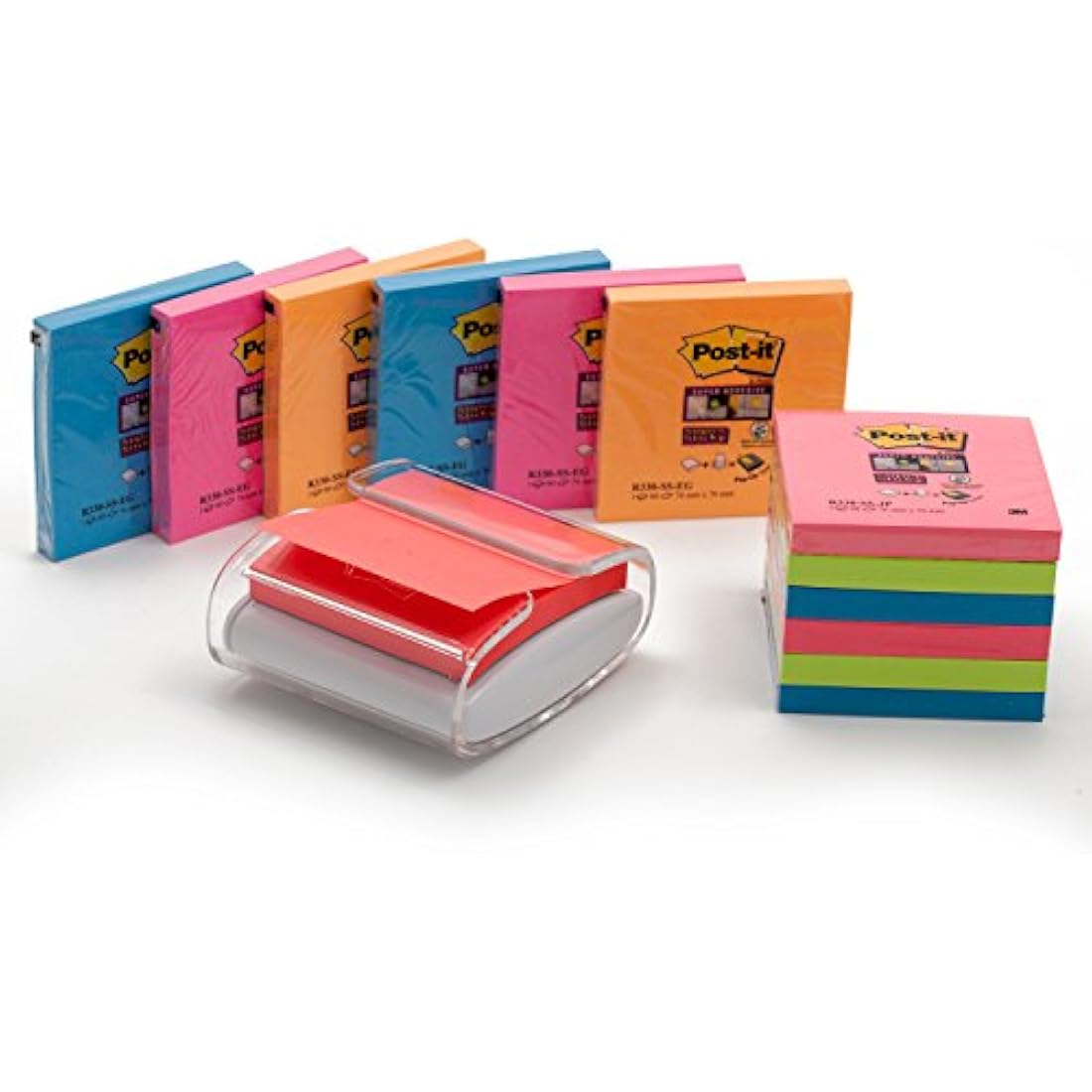 Post-it Z-Notes Dispenser PRO White + Post-it Super Sticky Z-Notes Assorted Colours, 12 Pads, 76 mm x 76 mm, 90 Sheets per Pad - Self-Sticking Notes for Walls, Monitors and Fridge