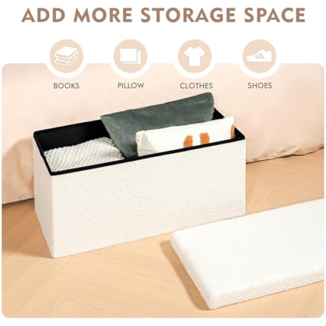 Bonlife Ottoman Bench,Large Toy Storage Box with Lid,Folding Footstool with Storage for Living Room,Hallway,Boucle Fabric,White,80x40x40cm