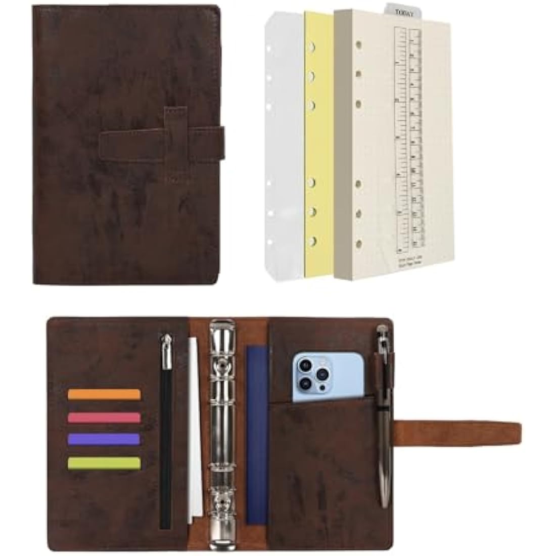 Wonderpool Leather Diary 6 Ring Binder Folder Organiser with Dotted Paper Refillable Writing Notebook & Multi Pockets Cover for Business Study Travel (A6, Coffee)