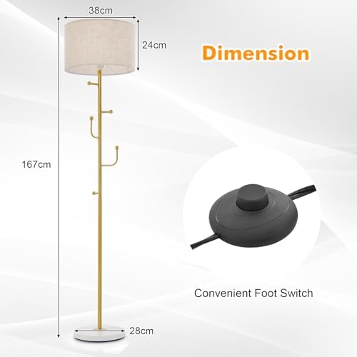 GiantexUK Floor Lamp with Coat Rack, Multi-Purpose Standing Lamp with Linen Fabric Lampshade, 5 Hooks, E27 Socket, Foot Switch & Large Base, Modern Reading Light for Living Room Bedroom Office