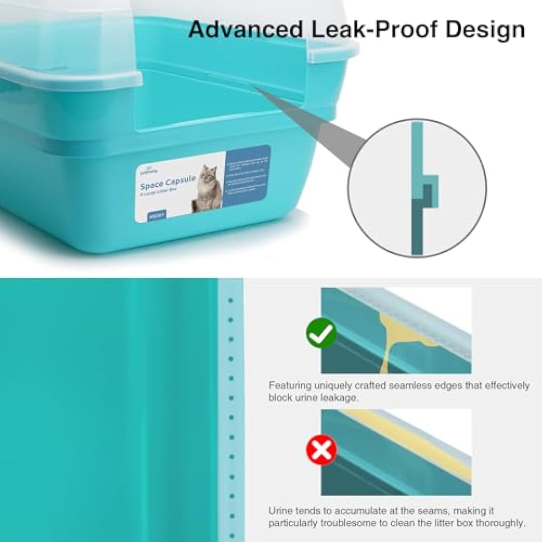 Petfamily 3in1 Large Cat Litter Tray Box with Hood Lid - Teal Plastic Tray, Sturdy & Easy to Clean, 55x45x44cm
