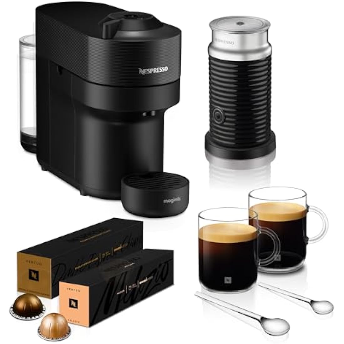 Nespresso Vertuo Pop Barista Coffee Machine Bundle by De'Longhi, Compact Footprint, Starter Kit Includes Coffee Capsules, Mugs, Milk Frother And Spoons, ENV90.B+Caps