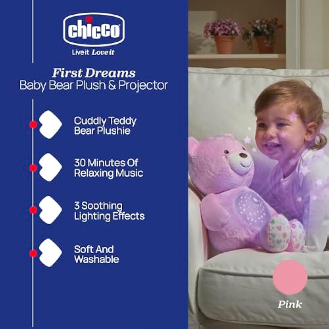 Chicco First Dreams Teddy Bear with Night Light, Pink | Projects Stars, Lighting Effects, Relaxing Music, Calming for Baby