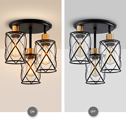 WUZUPS Chandelier Semi Flushmount Industrial 3-Light Ceiling Light Fixture Clear Seeded Glass Shade for Entryway Porch Foyer Kitchen Dining Room