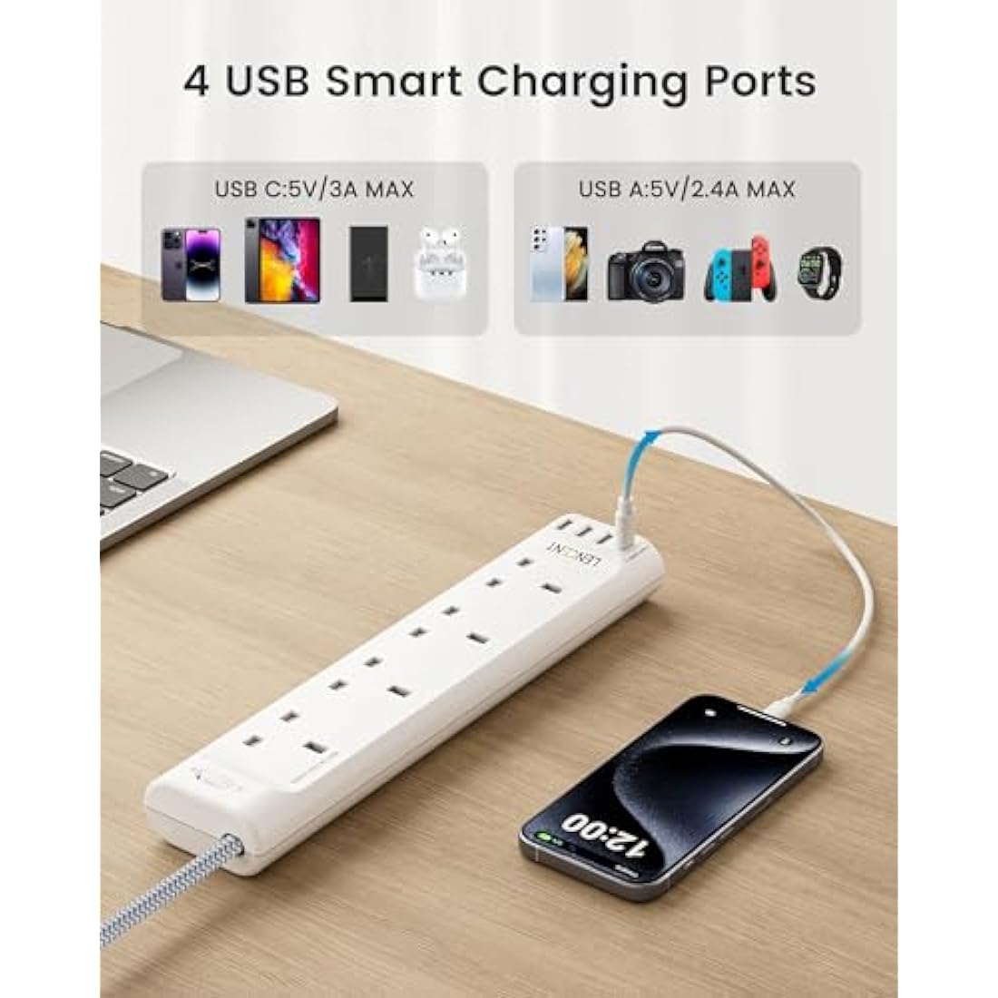 LENCENT 5M Extension Lead with USB Slots, 4 Way Outlets Power Strip with 4 USB Ports, Multi Power Plug Extension with 5M Braided Extension Cord for Home Office, 3250W 13A