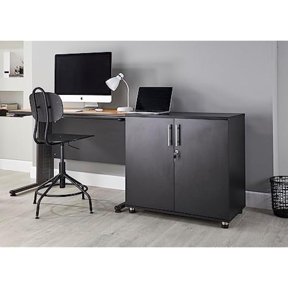 MMT Furniture Designs Ltd Black Storage Cabinet Cupboard Desk Height 2 Door Bookcase with Lock 75cm Tall Desktop Extension Height