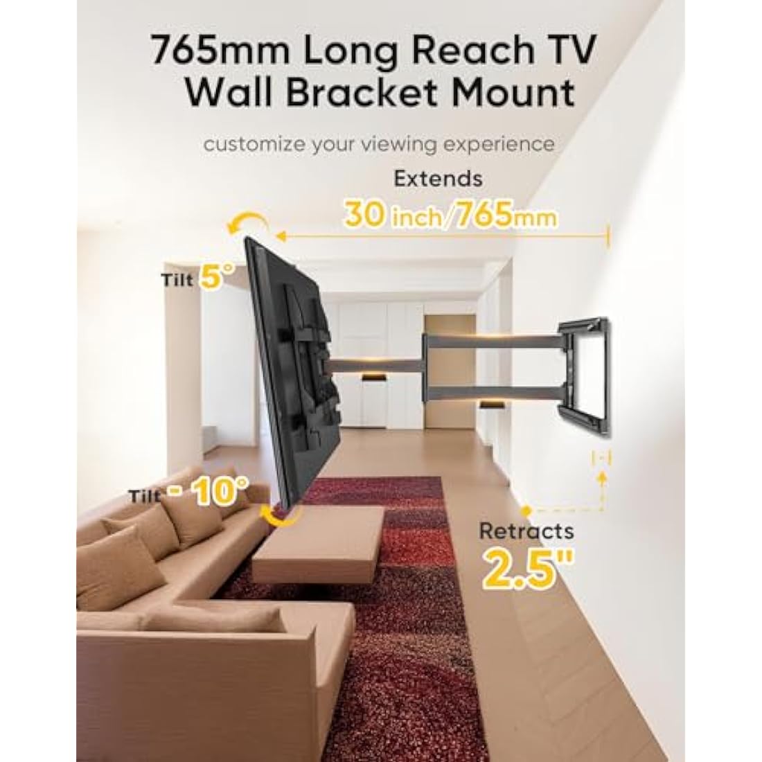 FORGING MOUNT Long Reach TV Wall Bracket Mount Swivel Tilt Corner TV Bracket with 765mm long Arm for Corner/flat Installation fits 37 to 75" Flat/curve TVs, VESA 600x400mm, Holds up to 45kg