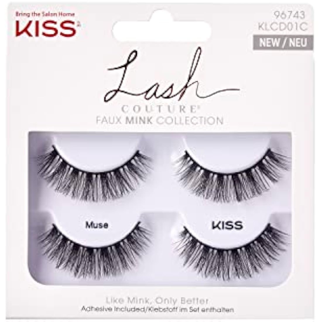 KISS Lash Couture Faux Mink Collection Double Pack of False Lashes, Muse, Ultrafine, Tapered, Synthetic Fake Lashes includes Lash Glue