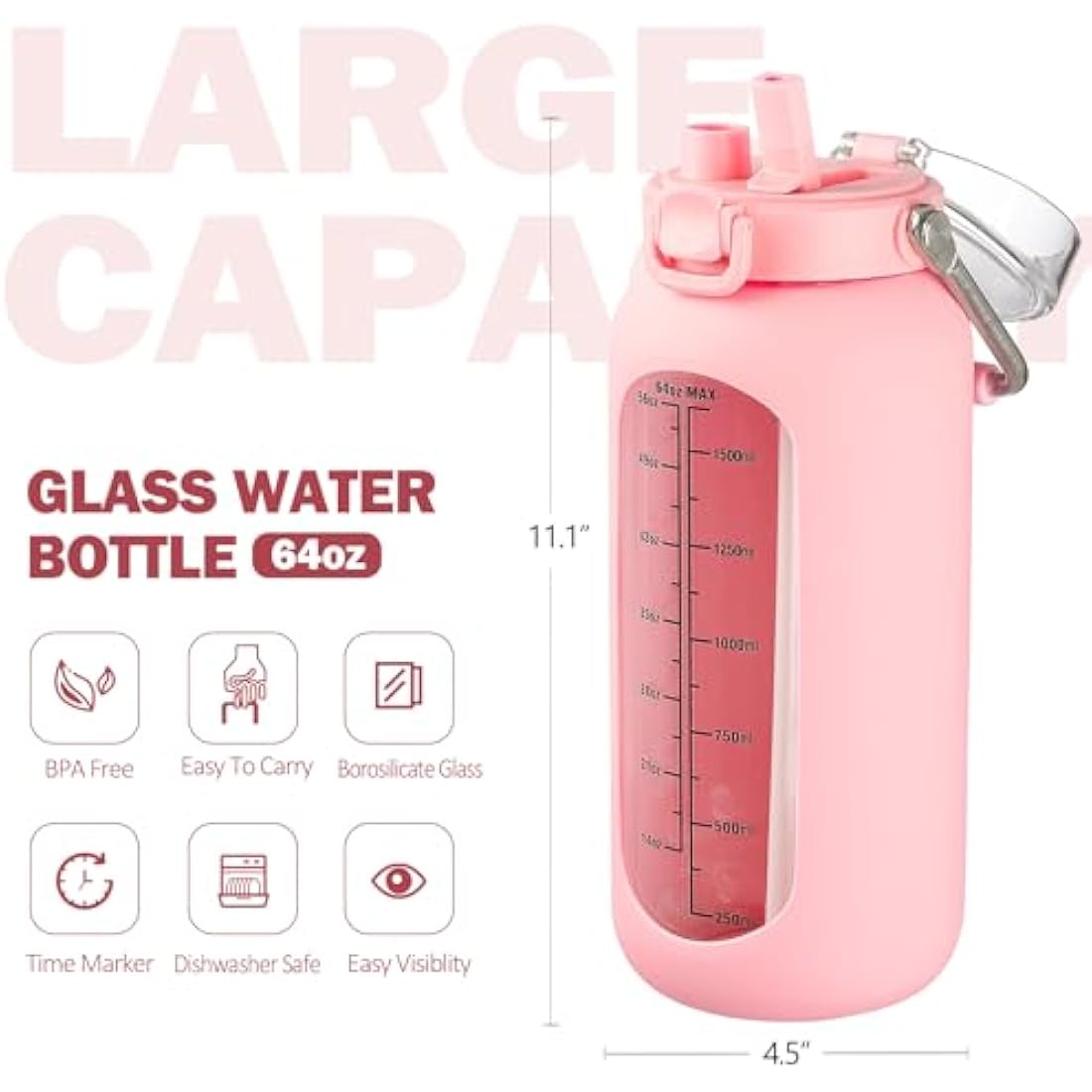 BLUEGO 2000ml Borosilicate Glass Water Bottle with Stainless Handle and Time Marker 2L Drinking Bottle with Silicone Sleeve and Straw for Gym Office Outdoor Sports Water Bottles BPA Free, Pink