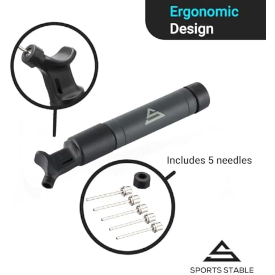 Sports Stable Ball Pump with 5 Needles. Dual Action Air Pump for Your Football, Rugby Ball, Volleyball, Basketball, Handball and Other Inflatable Balls