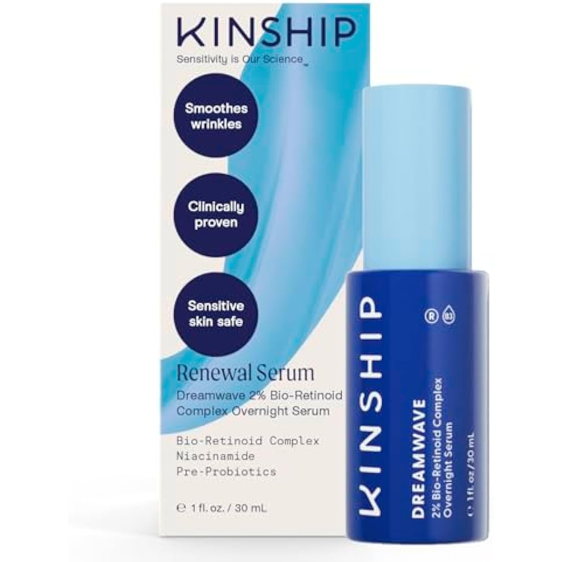 Kinship Dreamwave 2% Bio-Retinoid Overnight Renewal Serum - Retinol for Sensitive Skin - Smooth Wrinkles - Anti-Aging Niacinamide + Tranexamic Acid - Brighten, Moisturize, Reduce Redness (1 Oz)