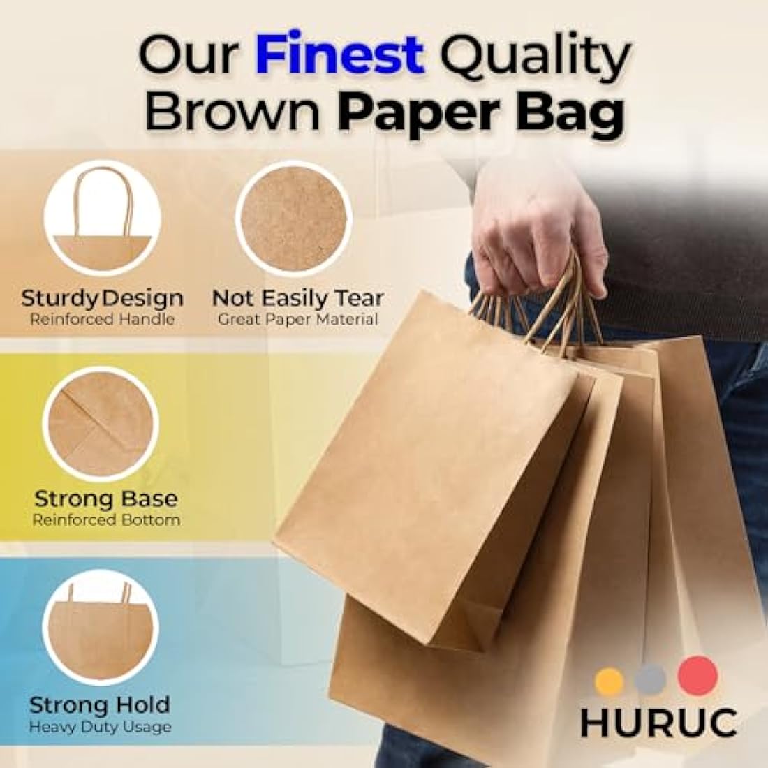 HURUC 20 Pcs Brown Paper Bags With Handles,130GSM, Small Paper Gift Bags, Eco-Friendly Kraft Shopping Carrier, Christmas, Easter, Birthday Parties & Merchandise Retail 18x24x8cm