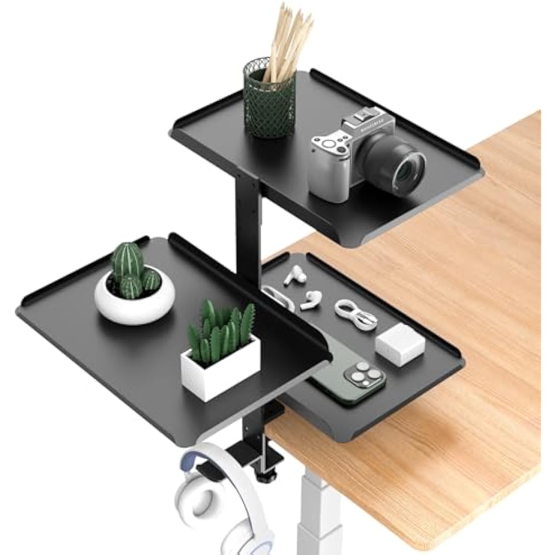 ROLIZOE Clamp On Desk Shelf Organiser with Adjustable Metal Tray & Headphone Stand 3 Tier Shelving Unit Above or Under Desk Storage No Drill Extender Shelves Anti-Slip Desktop Shelf for Home Office