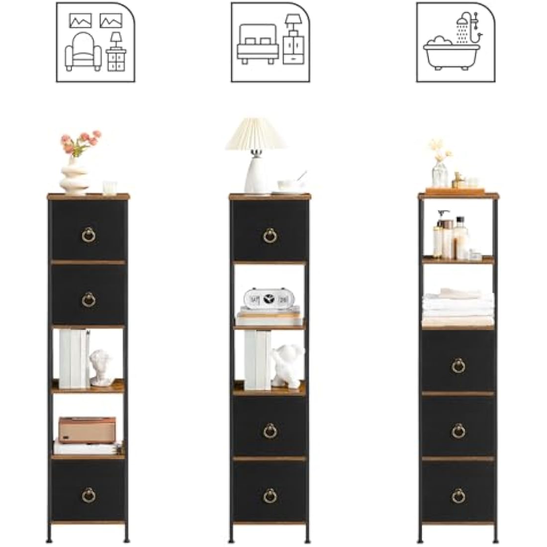 HOOBRO Tall Bathroom Cabinet, Narrow Corner Storage Cabinet, Slim Corner Shelf Unit with 3 Fabric Drawers and 2 Open Shelves, Narrow Storage Unit for Living Room, Rustic Brown and Black EBF140CW01