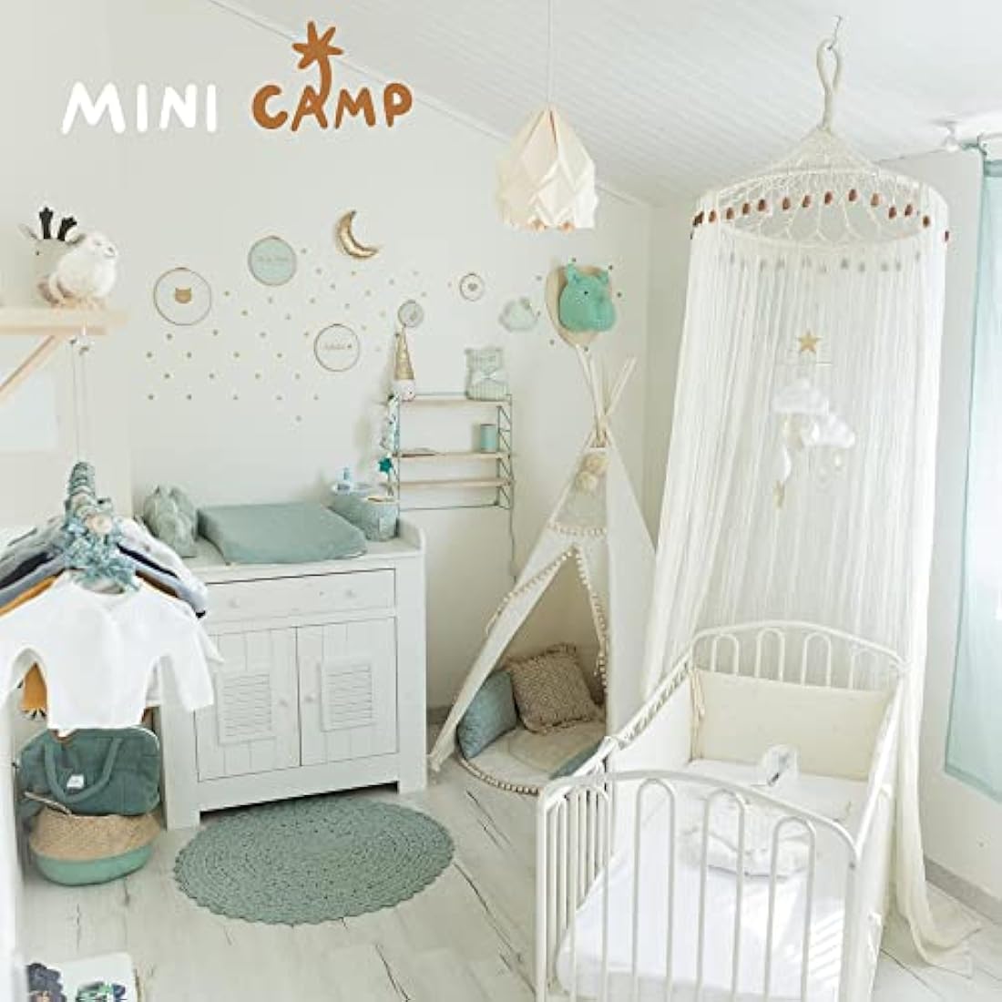 MINICAMP Original Teepee Tent for Kids, Handmade Natural Canvas & Wooden Playhouse for Children & Toddlers, Indoor Sleepover Play Tent for Girls & Boys, Extra-Stable Child Tipi with Pom-Poms