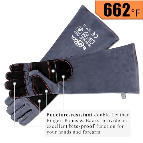 RAPICCA Animal Handling Gloves Bite Proof Reinforced Leather Padding Dog,Cat Scratch,Bird Handling Falcon Gloves Grabbing,Reptile Squirrel Snake Bite 22in/56cm