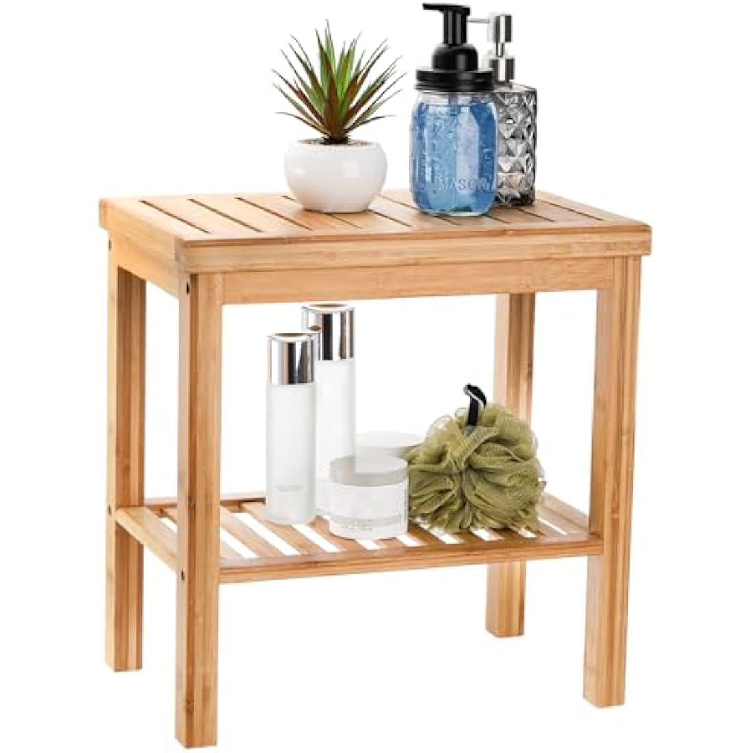 SOUJOY Bamboo Shower Bench, Bath Seat Stool, Spa Foot Rest Shaving Stool, Storage Shelf for Shampoo Towel, Works in Inside Bathroom, Living Room, Bedroom, Garden Leisure