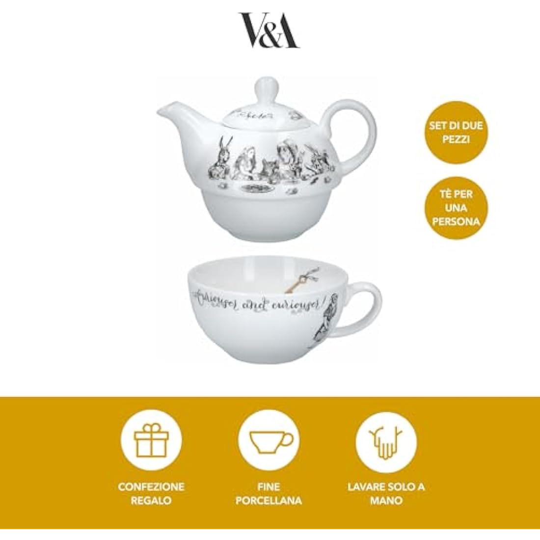 V&A Alice in Wonderland Teapot and Cup Set For 1 in Gift Box, Fine China Tea Set, White, 250 ml