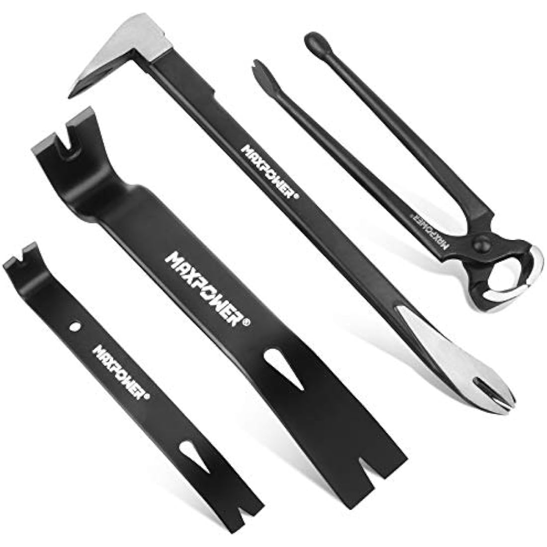 MAXPOWER Pry Bar/Nail Puller Set 4-Piece, 300mm Crowbar Claw Nail Puller, 260mm Wonder Pry Bar Wrecking Bar, 190mm Mini Utility Bar and 250mm Carpenters Pincer