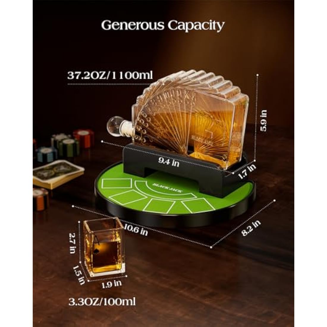Kollea Blackjack Whiskey Decanter Set, 37.2 Oz Whiskey Decanter with 4 Glasses, Casino Style Decanter for Liquor, Christmas Birthday Gifts for Men, Dad, Boyfriend, Blackjack Game Night Essentials