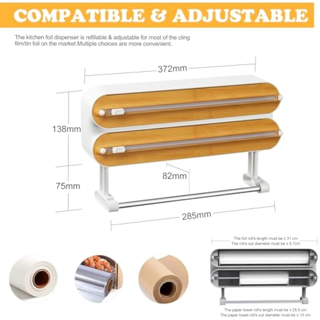 Magnetic Cling Film Dispenser and Cutter - Advanced 3-in-1 Wall-Mounted Kitchen Roll Holder, Quasziwa Refillable Cling Wrap & Aluminium Foil Dispenser with Paper Towel Holder - Fits 12" Roll, White