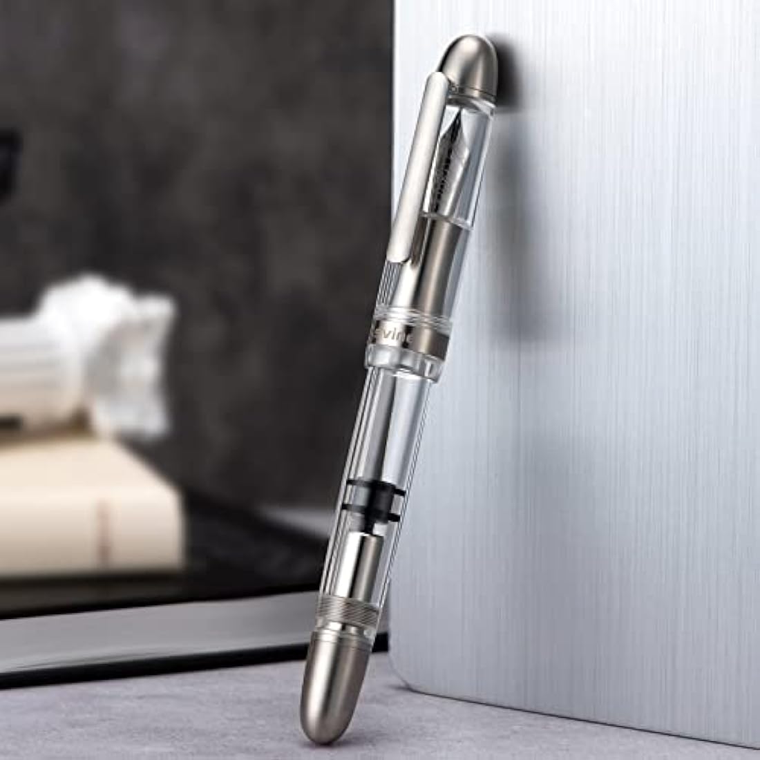 Asvine P36 Titanium Fountain Pen Clear Transparent Acrylic Piston Filling Pen, Bock Broad Nib Smooth Writing Pen Case Set