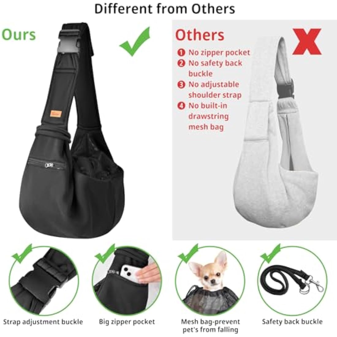 CUBY Dog and Cat Sling Carrier - Small Dog Carrier Sling with Adjust Strap & Zip Pocket, Hands Free Soft Dog Slings for Small Dogs Cats Puppy Pets Outdoor Travel Safety Purse Bag (Black)