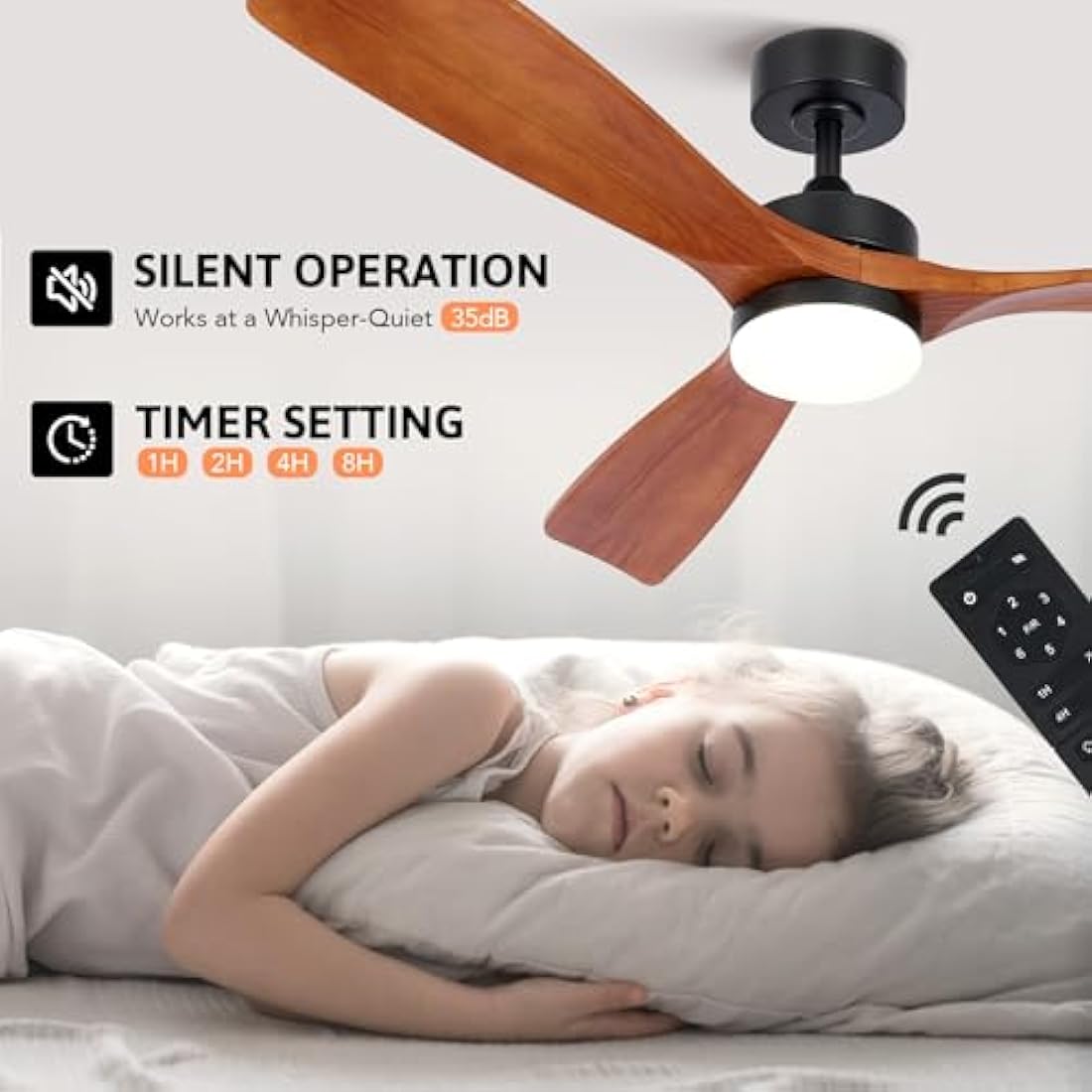 VONLUCE Ceiling Fans with Lights, 52 Inch Outdoor Ceiling Fan with Remote, 6 Speed Reversible Noiseless DC Motor, Wood Ceiling Fan for Indoor Bedroom Farmhouse Patios, Walnut