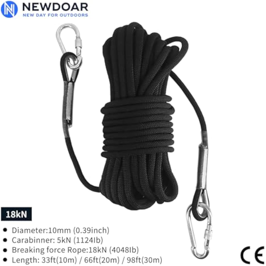 NewDoar 18KN Static Climbing Rope 10mm Accessory Cord Equipment 33FT(10M) 66FT(20M) 98FT(30M) 165FT(50M) Escape Rope with 2 Carabiners for Ice Climbing Fire Rescue Rope Safety Rope