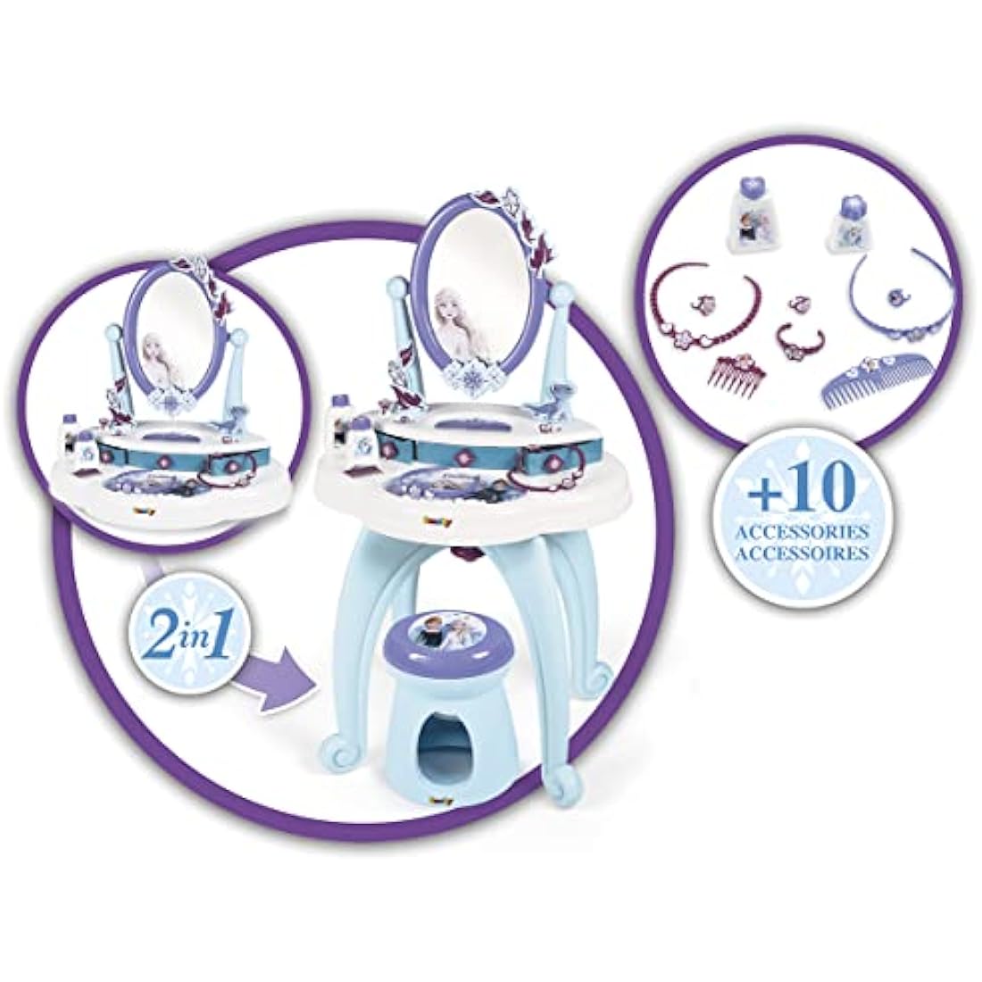 Smoby Disney, Frozen 2 in 1 Hairdressing Table, 10 accessories: 1 stool, 2 flasks, 1 necklace, 1 plastic headband, 3 rings, 1 bracelet, 1 hair clip, 1 comb, Purple, One Size (7600320244)