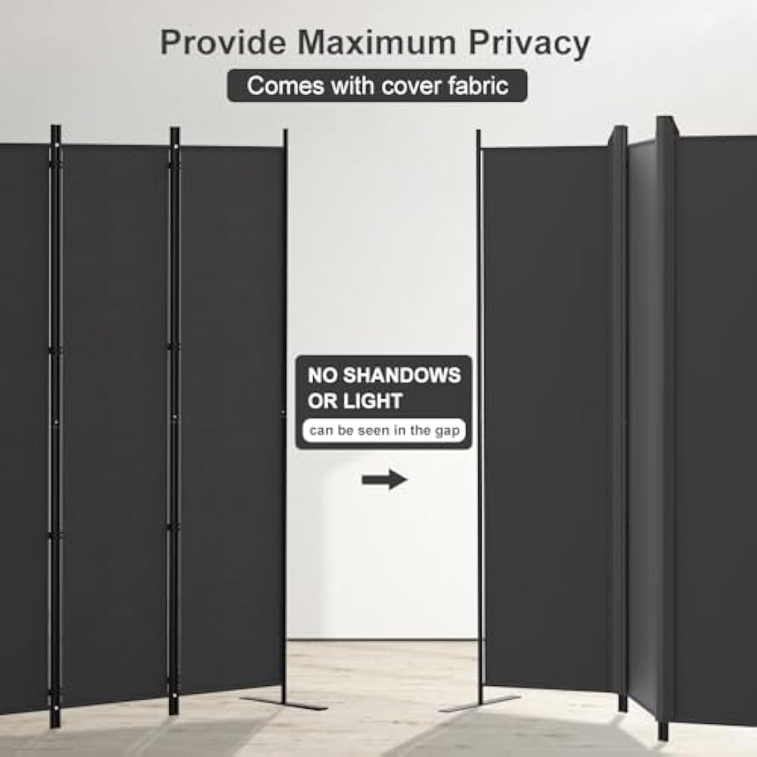 Kokorona 6 Panel Room Divider, 6FT Tall Folding Privacy Screen Wall Dividers, Portable Privacy Screen Freestanding Room Divider for Room Separation, Included-Cover Strips, Dark Grey, W 305 x H 183 cm