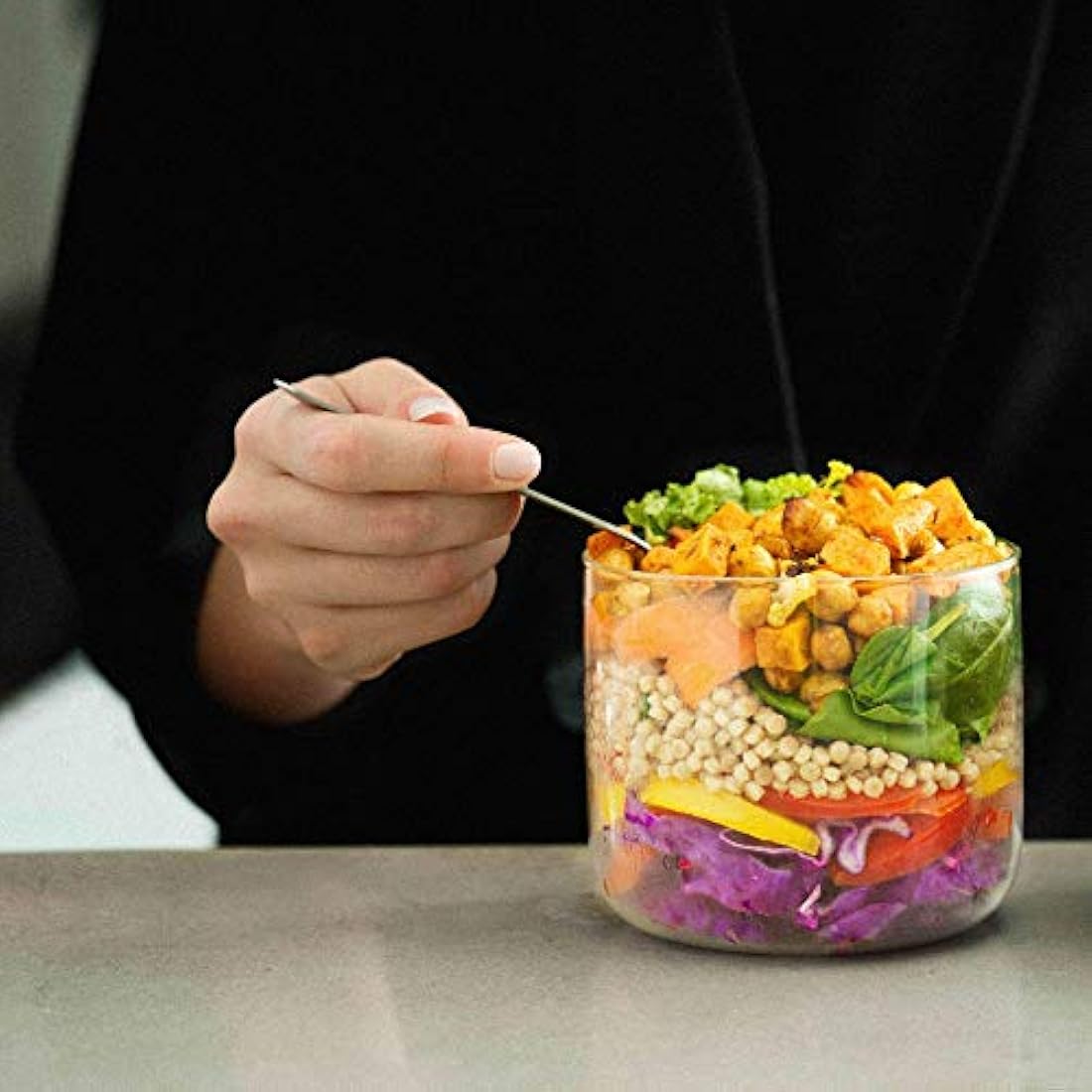 Black+Blum GR-LB-M015 Glass Bowl | Leakproof Meal Prep Lunch Box Food Container, Stainless Steel, Polypropylene with Wood Fibre and Silicone, 600 milliliters, Slate