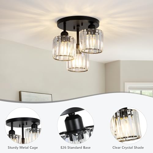 Rayofly Modern Crystal Chandeliers, 3-Light Crystal Lights for Living Room, Black Semi Flush Ceiling Light Fittings for Hallway, Bathroom, Bedroom, Foyer, Kitchen