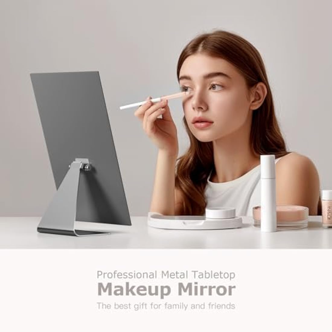 NEZZOE Rectangular Makeup Mirror, 12 Inch Metal Desk Mirror, Table Mirror with Stand, Vanity Mirror for Counter, Bedroom, Bathroom, Dorm