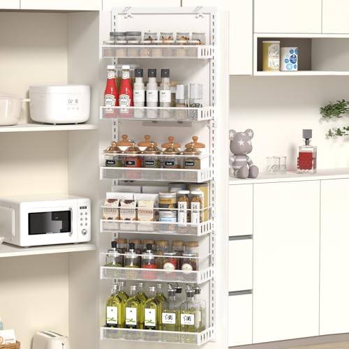 TOPWE Over Door Storage, 6-Tier Adjustable Pantry Door Organizer Shelves with Hook for Each Layer, Back Door Metal Hanging Spice Rack for Kitchen
