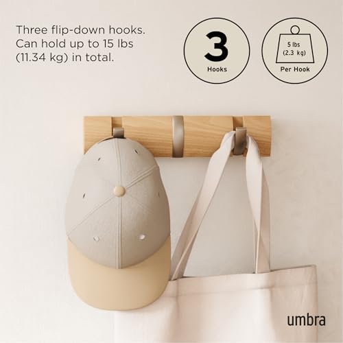 Umbra Flip 3-Hook Wall Mounted Coat Rack, Modern, Sleek, Space-Saving Coat Hanger with 3 Retractable Hooks to Hang Coats, Scarfs, Purses and More, Natural