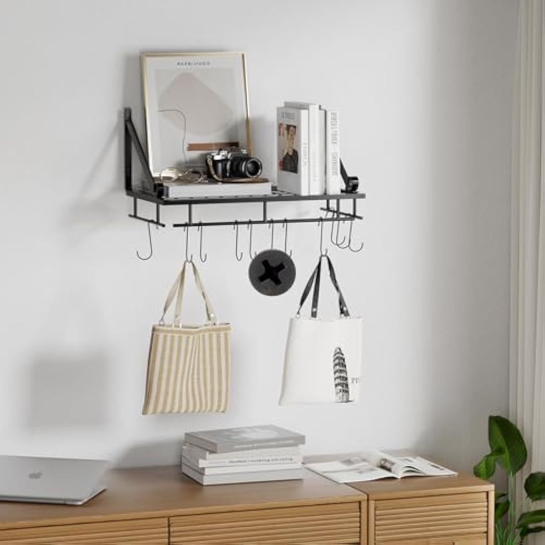 XEMQENER Wall Hanging Pan Pot Rack with 10pcs Removable Hooks, 45cm Wall Shelf with Towel Bar, Kitchen Bathroom Utensils Organizer, Hanging Shelving (45 * 24 * 25cm)