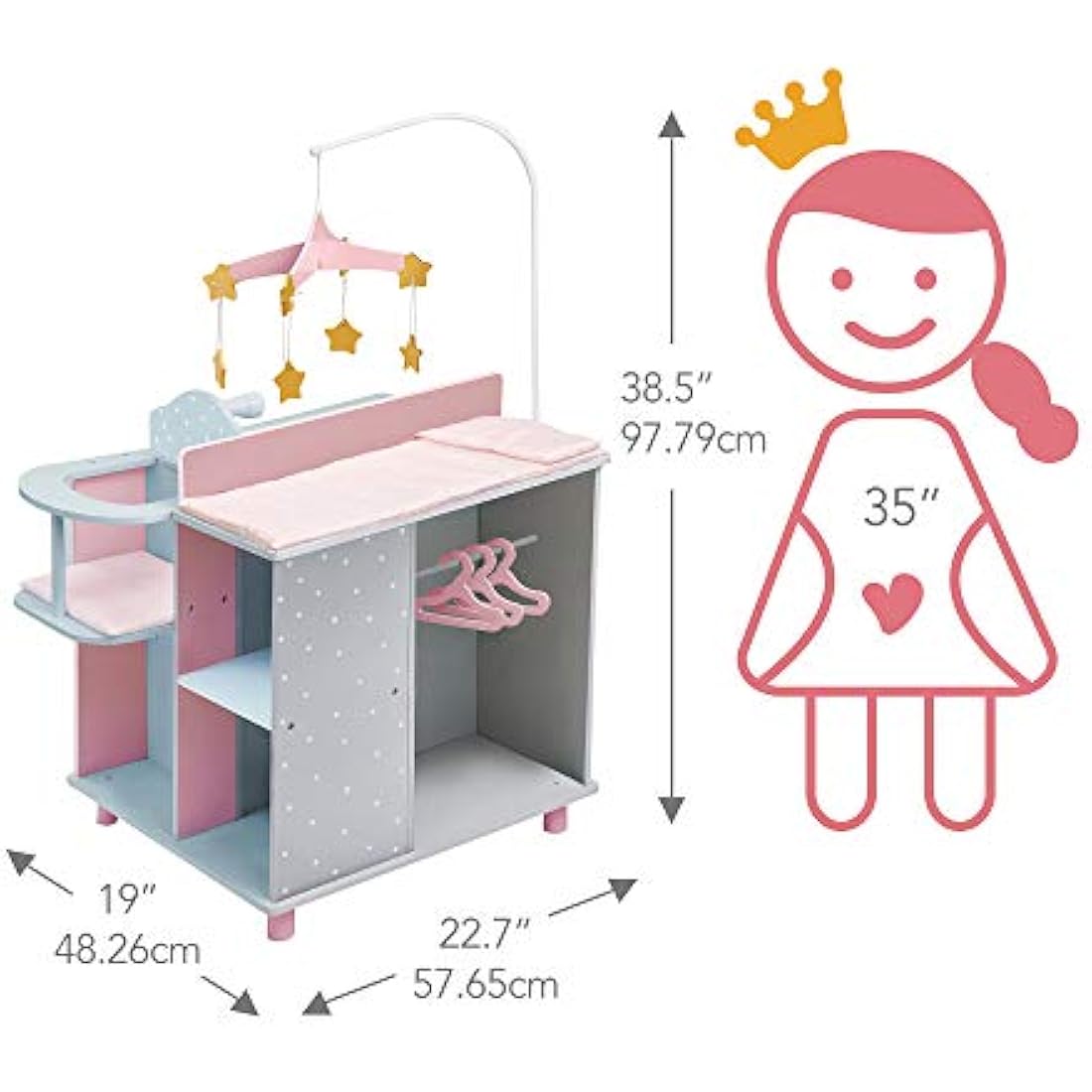 Olivia's Little World 6-in-1 Wooden Baby Doll Changing Station with Crib, Changing Table, High Chair, Double-Door Closet, Sink and Washing Machine, Multicoloured