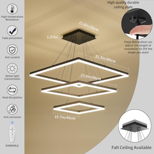 Modern LED Chandelier, 3 Ring Square LED Pendant Ceiling Light, Dimmable Foyer Chandelier Lighting Fixture, Adjustable Height Over Table Hanging Light for Living Room, Dining Room,Entryway