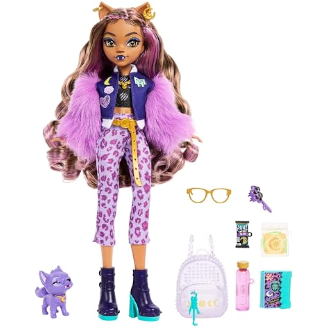 Monster High Clawdeen Wolf Doll with Pet Dog Crescent and Accessories like Backpack, Planner, Snacks and More, HRP65