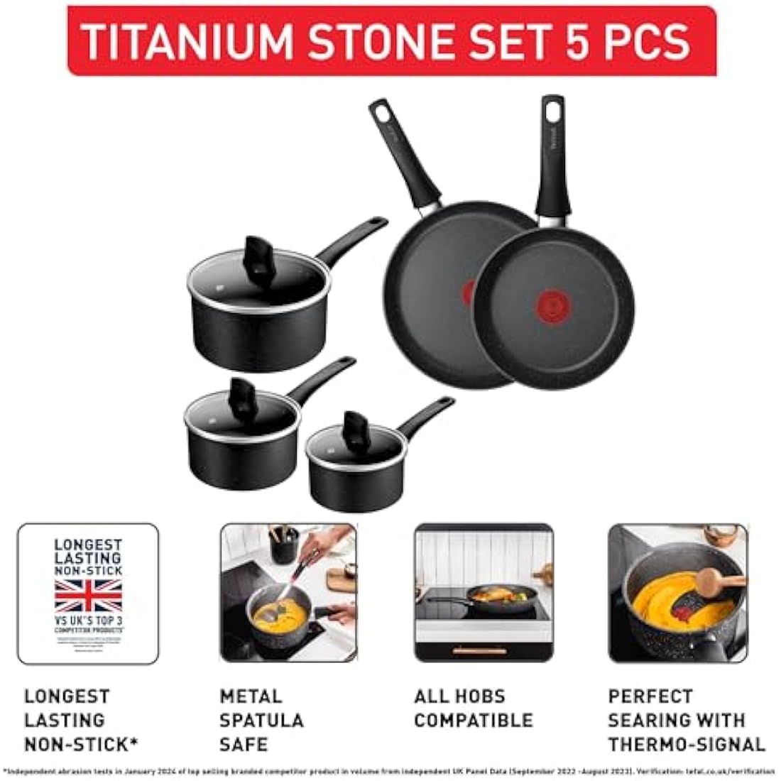 Tefal Titanium Stone Induction Non-Stick 5pc Set: Saucepan 16/18/20 + lids, Frying pan 24/28cm, High-Performance Non-Stick Coating, Metal Safe, All Hobs Including Induction, Thermo-Signal, E105S545