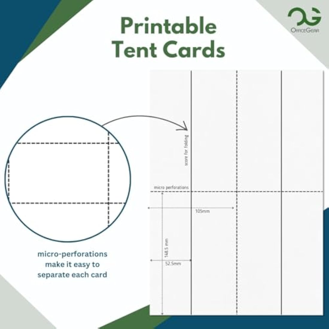 OfficeGear Medium Tent Cards 4-up [250 Sheets - 1000 Cards] 52x148.5mm Printable A4 170gsm Scored Folding Table Top Name Place Cards for Hotels Weddings Conference Events Incl Design Template