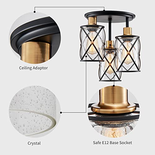 WUZUPS Chandelier Semi Flushmount Industrial 3-Light Ceiling Light Fixture Clear Seeded Glass Shade for Entryway Porch Foyer Kitchen Dining Room