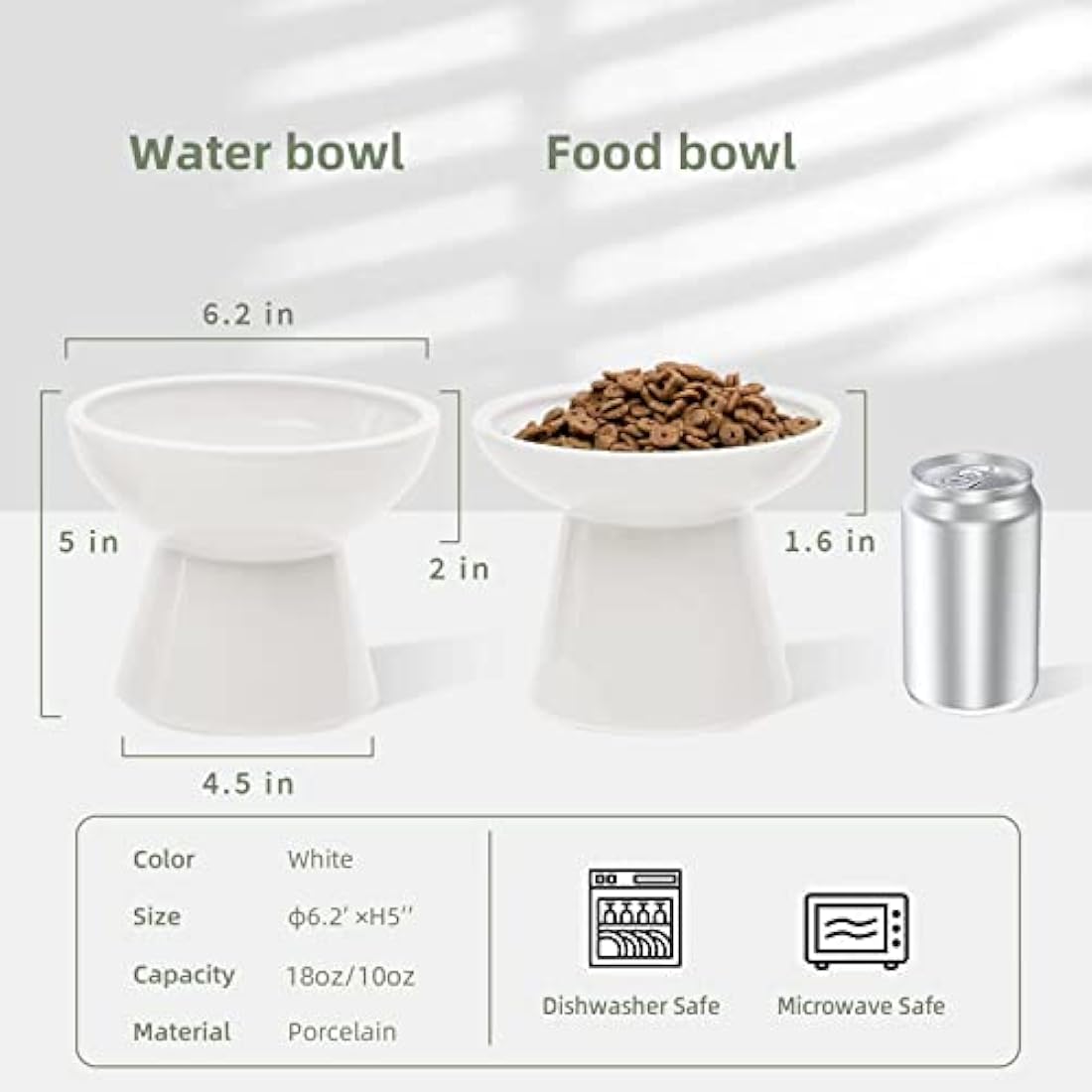 CEEFU 2 x Extra Wide Ceramic Cat Bowls for Food and Water, Shallow Plate, Lead and Cadmium Free, Raised Height for Dogs and Cats, Two Different Depth Bowls, White