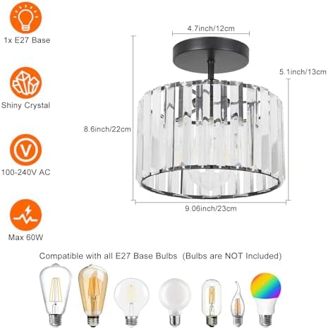ZYDTRIP Crystal Ceiling Light Fixture Semi Flush Mount Ceiling Lamp Modern Black Crystal Chandelier for Living Room Hallway Dining Room Kitchen