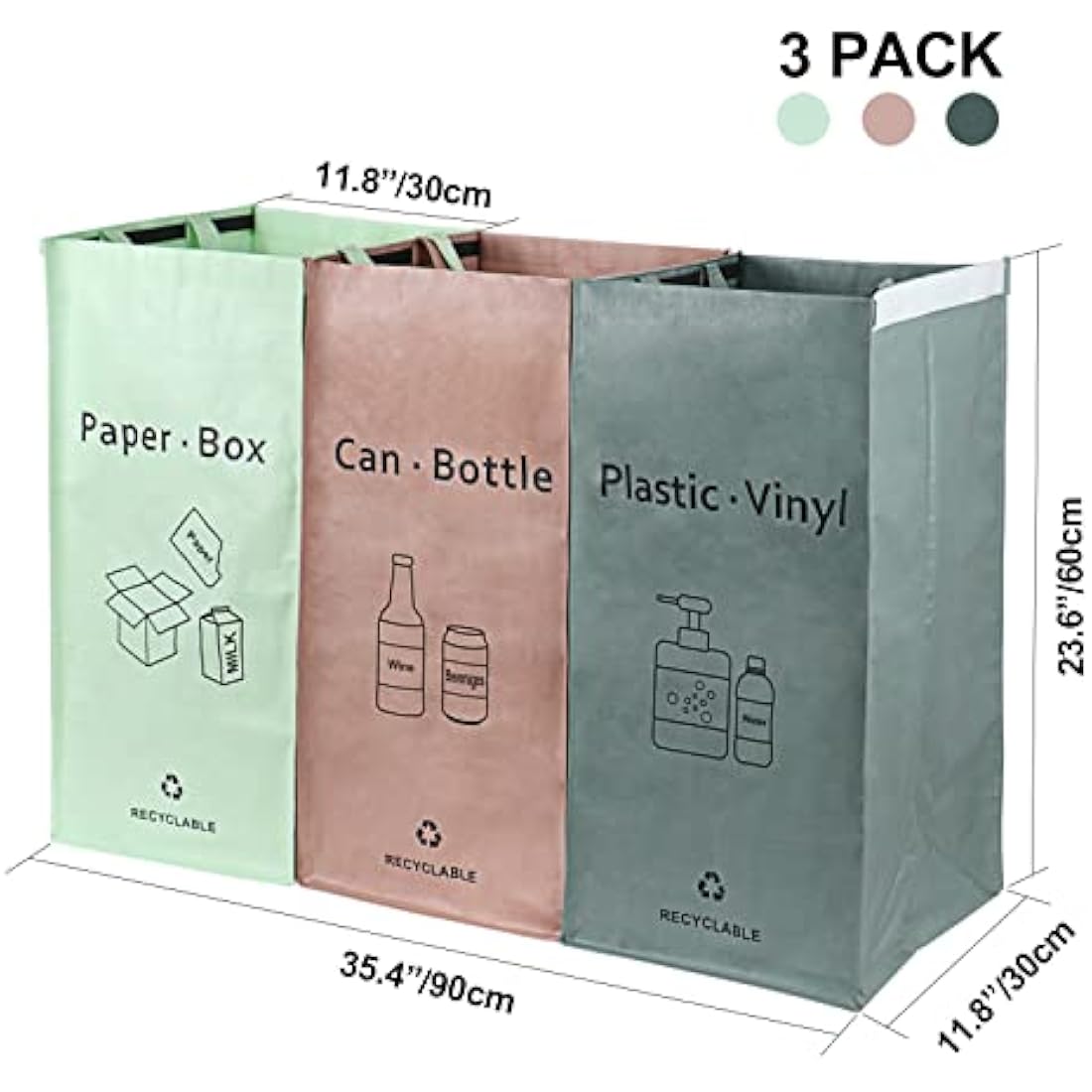 BOMEI PACK 3 Packs Recycling Bags Pink Green Gray with handle Separate Sorting Organizer Woven waste Bins bag 42 Gallon Waterproof for Kitchen Home Office Heavy Duty Reusable Storage Easy clean