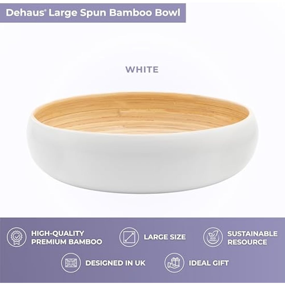 Dehaus® Large Stylish Bamboo Fruit Bowl - 30cm, White - Wooden Salad Serving Bowl - Fruit Basket for Kitchen or Bread Basket - Table Centrepiece Decoration - Home & Kitchen Tableware Accessories