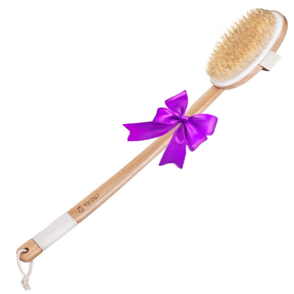 Topzilly Extra Long 51cm Wooden Handle Body Back Scrubber Shower Brush for Exfoliating Skin, Improving Blood Circulation, Cellulite Removal Idea for